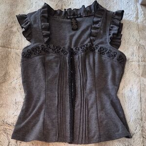 Grass Collection Charcoal Ruffled Blouse